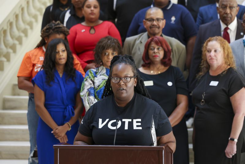 Brittany Burns of Protect the Vote GA spoke in opposition to new rules approved by the State Election Board that will take effect before the Nov. 5 presidential election.  “I can also just see us literally impacting the entire nation with this,” Burns said during a Capitol press conference. “This can actually impact the presidential election.” (Jason Getz / AJC)
