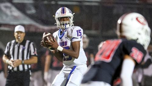 Peachtree Ridge quarterback Darnell Kelly (15) looks to pass during their game against North Gwinnett at North Gwinnett high school, Friday, October 13, 2023, in Suwanee, Ga. Peachtree Ridge won 27-17. (Jason Getz / Jason.Getz@ajc.com)