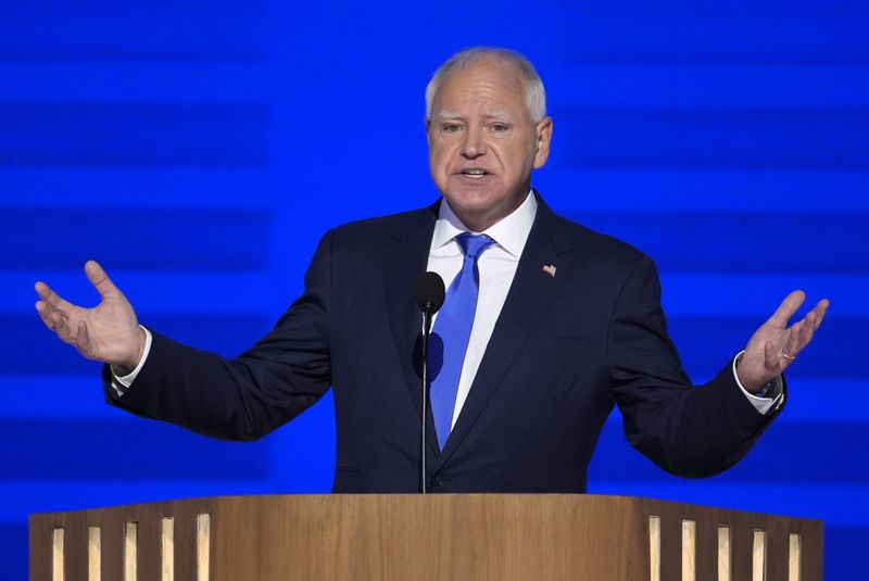 Democratic vice presidential nominee Minnesota Gov. Tim Walz speaks during the Democratic National Convention Wednesday, Aug. 21, 2024, in Chicago. (AP Photo/J. Scott Applewhite)