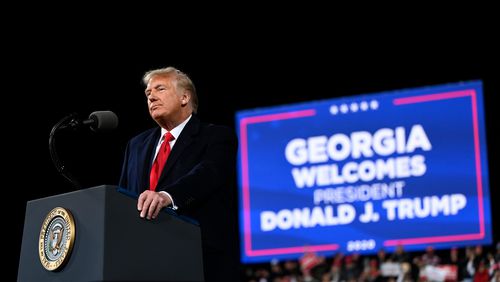 President Donald Trump speaks during a rally to support Republican Senate candidates at Valdosta Regional Airport in Valdosta, Georgia, on Saturday, Dec. 5, 2020. (Andrew Caballero-Reynolds/AFP/Getty Images/TNS)