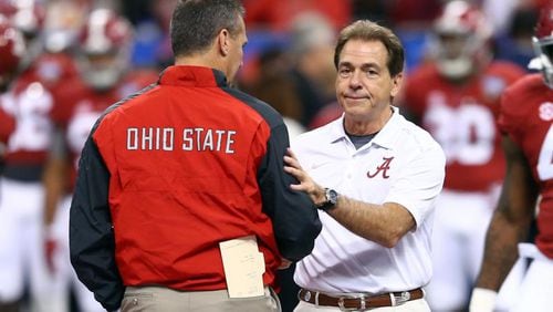 Nick Saban, right, and his Alabama team clinch the fourth spot in the College Football Playoff over Urban Meyer, left, and his Ohio State Buckeyes.