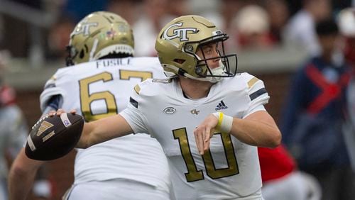 Georgia Tech quarterback Haynes King (10) throws from the pocket during the first half of a NCAA college football game against Virginia Military Institute Sunday, Sept. 14, 2024, in Atlanta,. (AP Photo/John Bazemore)