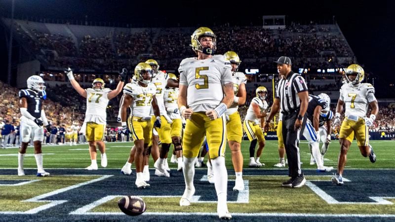 Georgia Tech Yellow Jackets quarterback Zach Pyron (5) celebrates in the end zone after a rushing touchdown in the first quarter of a football game against the Duke BlueDevils, Saturday, Oct. 5, 2024, in Atlanta. (AP Photo/Jason Allen)