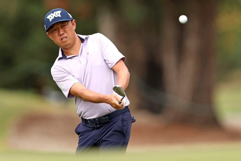 David Lipsky chips onto 9th green during final round at Procore Championship, Sunday, Sept. 15, 2024, in Napa, Calif. (Scott Strazzante/San Francisco Chronicle via AP)