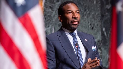 Atlanta Mayor Andre Dickens speaks at a ceremony for Marvin Arrington Sr., former superior court judge and Atlanta City Council president, who lies in state at Atlanta City Hall on Thursday, July 27, 2023. (Arvin Temkar / arvin.temkar@ajc.com)