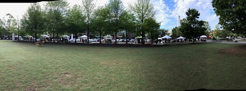 This panoramic view of the Suwanee Farmers Market shows vendors spaced out along Suwanee Town Center Park.
Courtesy of Suwanee Farmers Market