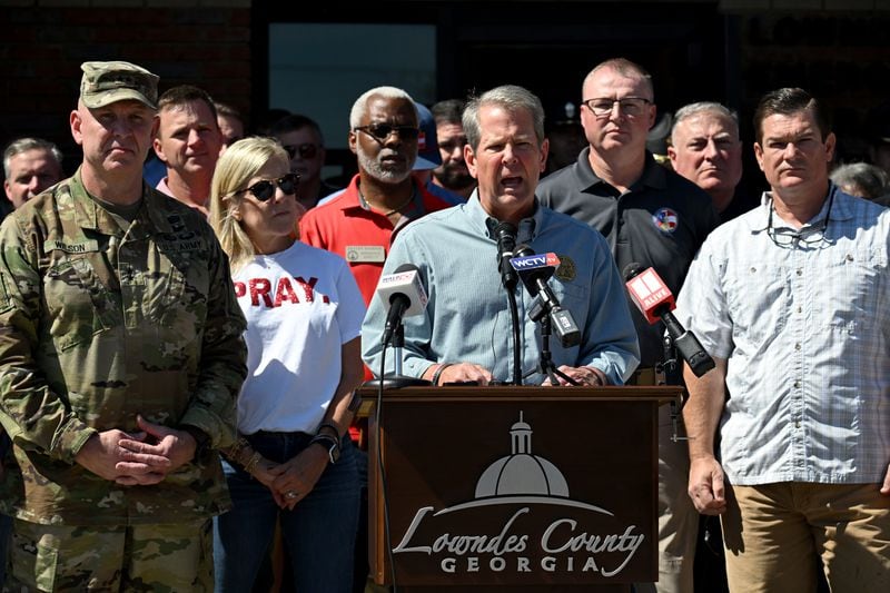 Governor Brian Kemp speaks at Lowndes County Emergency Management Operations Center, Saturday, Sept. 28, 2024 in Valdosta. Damaging Helene has swept through Georgia, leading to at least 17 deaths. All 159 counties are now assessing the devastation and working to rebuild, even as serious flooding risks linger. (Hyosub Shin / AJC)