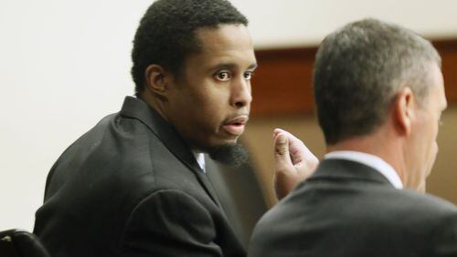 Landon Terrel (left) conferred with his attorney on the first day of his trial. The former worker at a Sunrise assisted living facility was accused of neglect, abuse and murder in the death a 91-year-old resident of the home, Adam Bennett. The jury Wednesday convicted him of neglect but rejected abuse and murder charges.