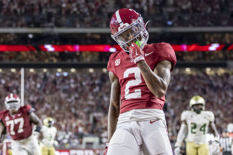 Alabama wide receiver Ryan Williams (2) reacts after his touchdown against South Florida during the second half of an NCAA college football game, Saturday, Sept. 7, 2024, in Tuscaloosa, Ala. (AP Photo/Vasha Hunt)