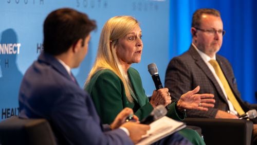 Georgia first lady Marty Kemp speaks on a mental health panel at the Health Connect South conference at the Georgia Aquarium in Atlanta on Wednesday, Sept. 18, 2024. (Arvin Temkar/AJC)