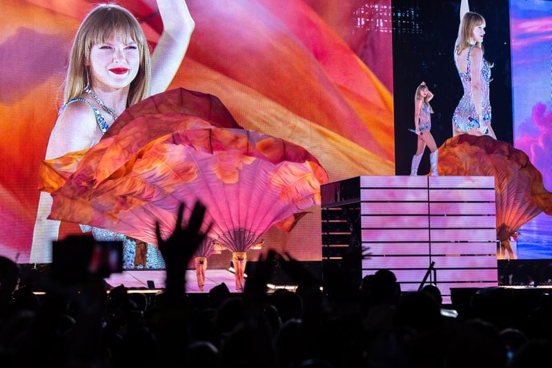 Taylor Swift performs at Mercedes-Benz stadium in Atlanta on Friday, April 28, 2023. (Arvin Temkar / arvin.temkar@ajc.com)