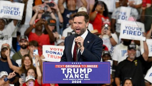 Vice Presidential candidate JD Vance  speaks during a rally at the Georgia State University’s convocation center on Saturday, August 3, 2024 in Atlanta. Former President Donald Trump and Vice-Presidential candidate JD Vance are holding their first rally together in Georgia on Saturday at the same place – the GSU Convocation Center- Kamala Harris held hers earlier this week.  (Hyosub Shin / AJC)