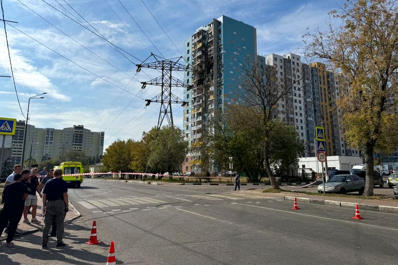 A view of the site of the damaged multi-storey residential building, following an alleged Ukrainian drone attack in Ramenskoye, outside Moscow, Moscow region, Russia, Tuesday, Sept. 10, 2024. (AP Photo)