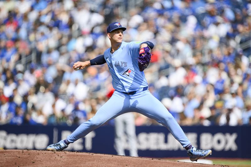 Toronto Blue Jays pitcher Bowden Francis throws the ball during first inning of a baseball game against the Los Angeles Angels in Toronto, Saturday, Aug. 24, 2024. (Christopher Katsarov/The Canadian Press via AP)