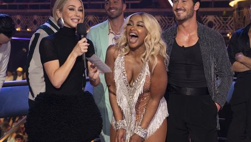 Host Julianne Hough, with Phaedra Parks and Val Chmerkovskiy on the opening night of season 33 of "Dancing With the Stars" on Sept. 17. ABC