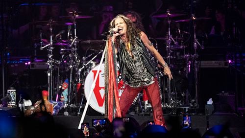 FILE - Steven Tyler of Aerosmith performs during night one of their "Peace Out: The Farewell Tour" on Sept. 2, 2023, at Wells Fargo Center in Philadelphia. The band said Friday, Aug. 2, 2024, that Tyler's voice has been permanently damaged by a vocal cord injury last year and the band will no longer tour. (Photo by Amy Harris/Invision/AP, File)