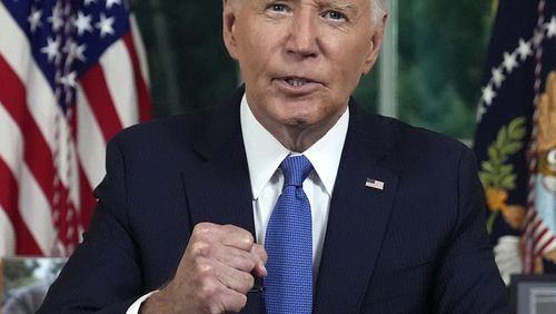 President Joe Biden addresses the nation from the Oval Office of the White House in Washington, Wednesday, July 24, 2024, about his decision to drop his Democratic presidential reelection bid. (AP Photo/Evan Vucci, Pool)