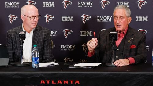 Atlanta Falcons Owner and Chairman Arthur M. Blank and CEO Rich McKay address the media during a press conference a day after the announcement of the firing of Arthur Smith hours after the Falcons lost their last game of the season 48-17 against the New Orleans Saints. (Miguel Martinez/miguel.martinezjimenez@ajc.com)
