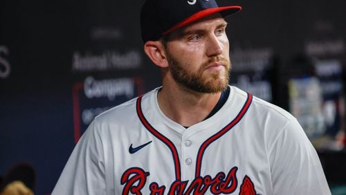 Atlanta Braves relief pitcher Dylan Lee (52) is spotted at the dugout after being removed from the mound during the seventh inning at Truist Park on Thursday, August 1, 2024. 
(Miguel Martinez/ AJC)