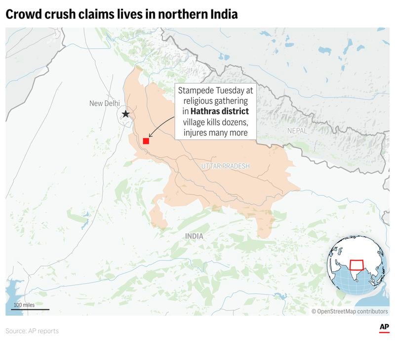 A religious gathering in northern India turned into a stampede Tuesday as thousands of people rushed to leave the event, killing at least 60. (AP Graphic)