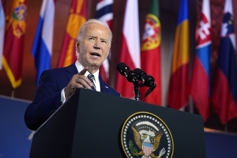 President Joe Biden delivers remarks on the 75th anniversary of NATO at the Andrew W. Mellon Auditorium, Tuesday, July 9, 2024, in Washington. (AP Photo/Evan Vucci)