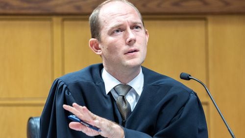 Judge Scott McAfee presides over a hearing regarding media access in the case against former President Donald Trump and 18 others at the Fulton County Courthouse in Atlanta on Aug. 31, 2023. (Arvin Temkar/The Atlanta Journal-Constitution/TNS)