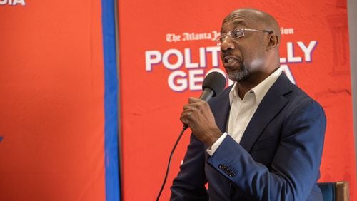 U.S. Sen. Raphael Warnock, D-Ga., speaking at the Politically Georgia on the Road Tour on Monday, July 22, 2024 in Savannah, GA. (AJC Photo/Katelyn Myrick)