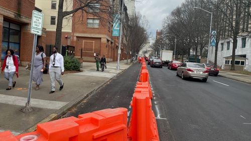 A lane of street parking on Central Avenue across from Atlanta City Hall has been removed to accommodate a bike lane.