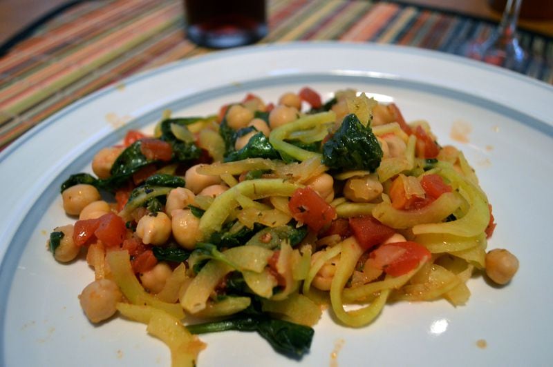 my "pasta" with chickpeas, diced tomatoes and wilted spinach