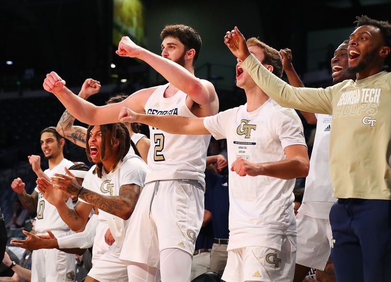 012322 Atlanta: The Georgia Tech bench reacts to a slam by Jalon Moore during the final minutes of a 103-53 victory over Clayton State in a NCAA college basketball game on Sunday, Jan. 23, 2022, in Atlanta.   “Curtis Compton / Curtis.Compton@ajc.com”`
