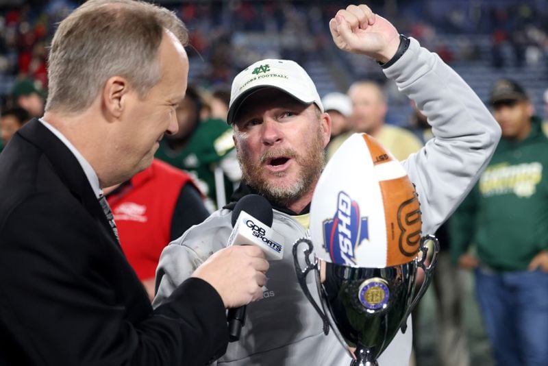 Ware County head coach Jason Strickland is interviewed after their 38-13 win against Warner Robins in the GHSA Class 5A finals, at Center Parc Stadium, Saturday, December 10, 2022, in Atlanta. (Jason Getz / Jason.Getz@ajc.com)