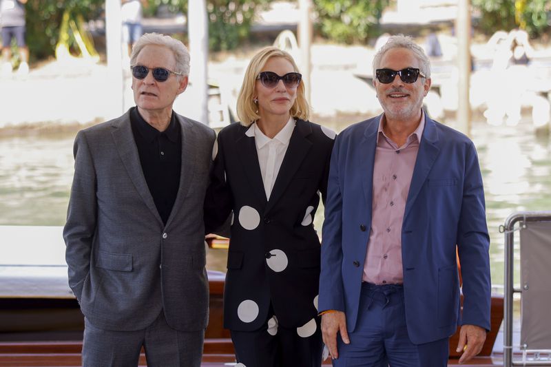 Kevin Kline, from left, Cate Blanchett, and series director Alfonso Cuaron pose for photographers upon arrival for the press conference of the television series 'Disclaimer' during the 81st edition of the Venice Film Festival in Venice, Italy, on Thursday, Aug. 29, 2024. (Photo by Vianney Le Caer/Invision/AP)