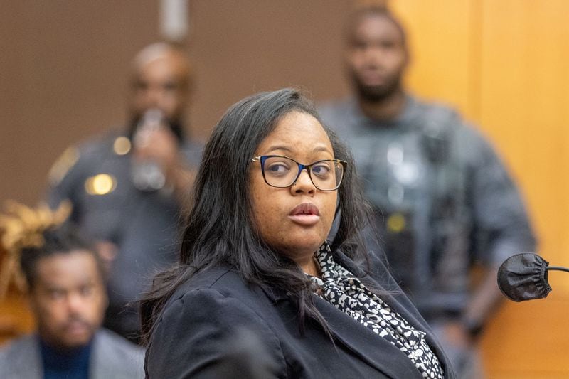 Angela D’Williams, an attorney for Rodalius Ryan, speaks at a hearing for the YSL case in Atlanta on Dec. 22, 2022. (Arvin Temkar/Atlanta Journal-Constitution/TNS)