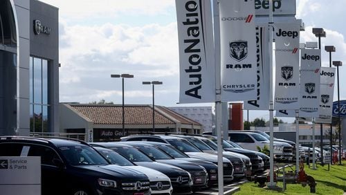 Vehicles on sale at an AutoNation car dealership on April 21, 2022, in Valencia, California. (Mario Tama/Getty Images/TNS)