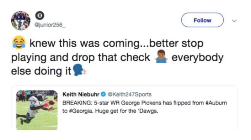 This tweet by Auburn defensive tackle Coynis Miller was later deleted.
