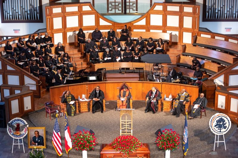 The funeral service of Marvin Arrington Sr., former superior court judge and Atlanta City Council president, at Ebenezer Baptist Church in Atlanta on Friday, July 28, 2023. (Arvin Temkar / arvin.temkar@ajc.com)