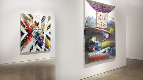 At Johnson Lowe Gallery, Ilídio Candja Candja's "See You See Me 2" and "Legacy." Photo: Courtesy of Johnson Lowe Gallery