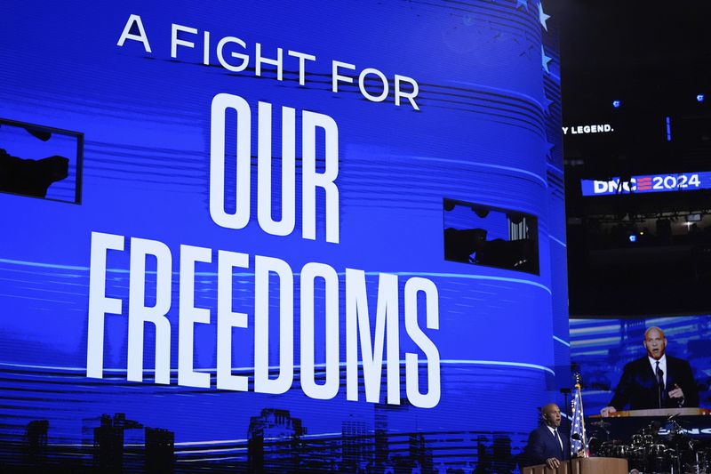 Sen. Cory Booker, D-N.J., speaks during the Democratic National Convention Wednesday, Aug. 21, 2024, in Chicago. (AP Photo/Brynn Anderson)