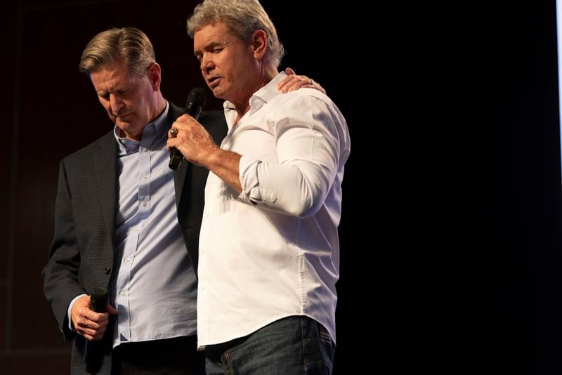 Pastors John Miller, left, and Jack Hibbs pray at the closing of a Comeback California Tour event at Revival Fellowhip, Saturday, Sept. 21, 2024, in Menifee, Calif. (AP Photo/Zoë Meyers)