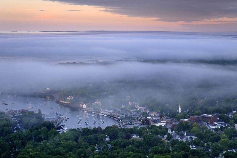 Layers of fog drift over in Camden, Maine, Tuesday, June 4, 2024. Many in the seaside community were outraged when they heard about a homeowner poisoning their neighbors trees for a view of the harbor on Penobscot Bay.(AP Photo/Robert F. Bukaty)