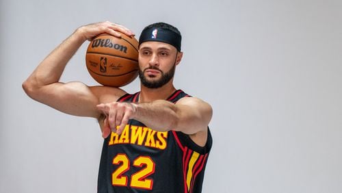 Larry Nance Jr. poses for photos at media day. Hawks media day takes place on Monday, Sept 30, 2024 where media outlets including the Associated Press, Getty, NBA and many others gather to take photos, conduct interviews and gather footage.   (Jenni Girtman for The Atlanta Journal-Constitution)