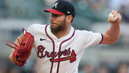 Atlanta Braves starting pitcher Chris Sale delivers in the first inning of a baseball game against the Milwaukee Brewers, Wednesday, Aug. 7, 2024, in Atlanta. (AP Photo/John Bazemore)