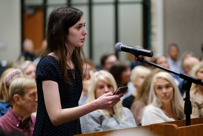 Lily Carras, 17, speaks out against removing books some  deem objectionable from Cherokee County schools. Members of the public voiced their opinions at a Cherokee County school board meeting in Canton on Thursday, April 21, 2022.   (Arvin Temkar / arvin.temkar@ajc.com)