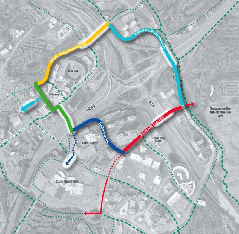This map shows the planned route of the Cumberland Sweep, a trail and transit network circling the commercial district. (Courtesy of Cumberland CID)