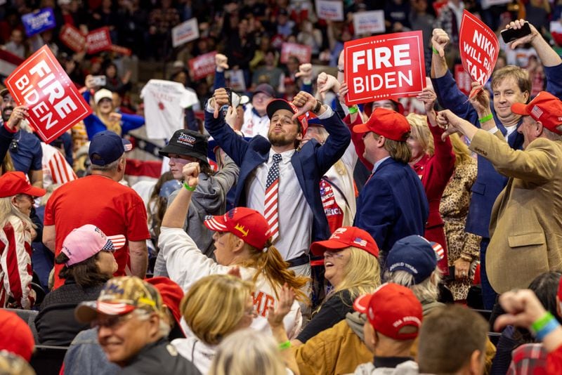 Rally goers boo CNN after the station is called out by former president and Republican presidential candidate Donald Trump at Winthrop Coliseum in Rock Hill, South Carolina on Friday, February 23, 2024, a day before the South Carolina primary. (Arvin Temkar / arvin.temkar@ajc.com)