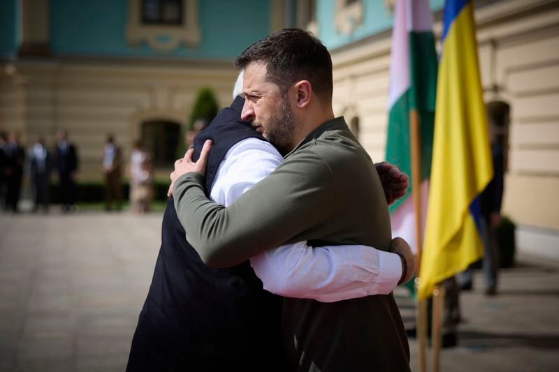 In this photo provided by the Ukrainian Presidential Press Office, shows Indian Prime Minister Narendra Modi, left, greeting Ukrainian President Volodymyr Zelenskyy in Kyiv, Ukraine, Friday, Aug. 23, 2024. (Ukrainian Presidential Press Office via AP)