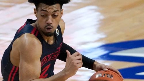 Dayton's Ibi Watson heads to the basket against Saint Louis during the first half Tuesday, Jan. 26, 2021, in St. Louis. (Jeff Roberson/AP)