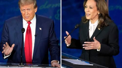 This combination of photos shows Republican presidential nominee former President Donald Trump, left, and Democratic presidential nominee Vice President Kamala Harris during an ABC News presidential debate at the National Constitution Center, Tuesday, Sept. 10, 2024, in Philadelphia. (AP Photo/Alex Brandon)