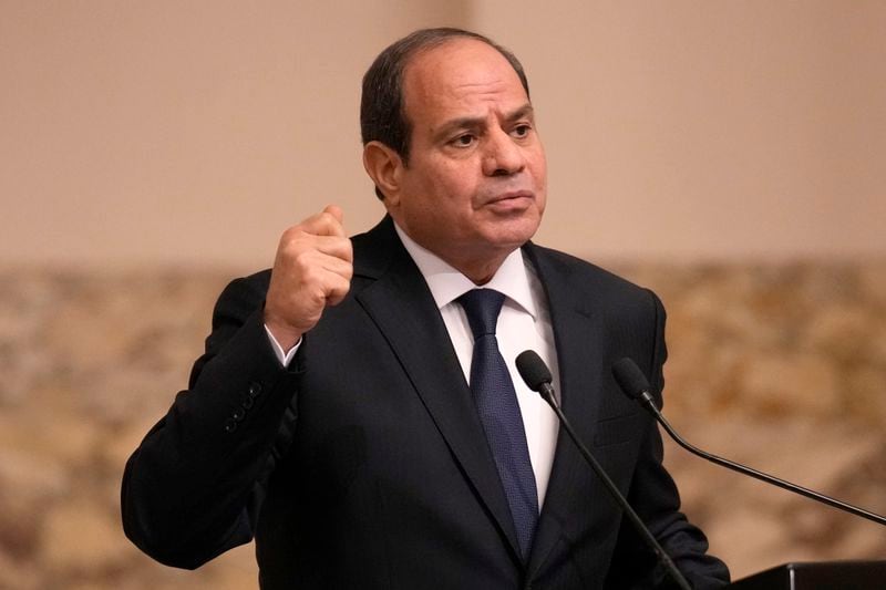 FILE - Egyptian President Abdel Fattah el-Sissi gestures during a joint press conference with French President Emmanuel Macron in Cairo, Egypt, on Oct. 25, 2023. (AP Photo/Christophe Ena, Pool, File)