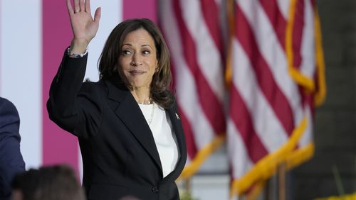 Democratic presidential nominee Vice President Kamala Harris waves as she departs after speaking at a campaign rally at Ripon College, Thursday, Oct. 3, 2024, in Ripon, Wis. (AP Photo/Charlie Neibergall)